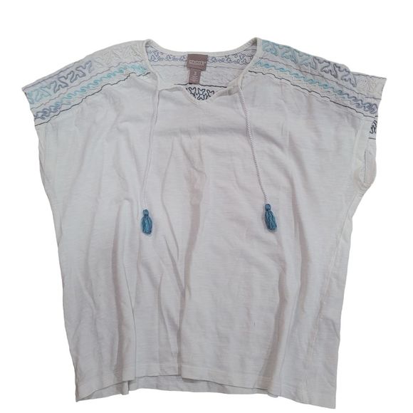 Chico's Womens Boho Embroidered Blouse Tassel Bell Sleeves Cotton Size 3 - Picture 1 of 5